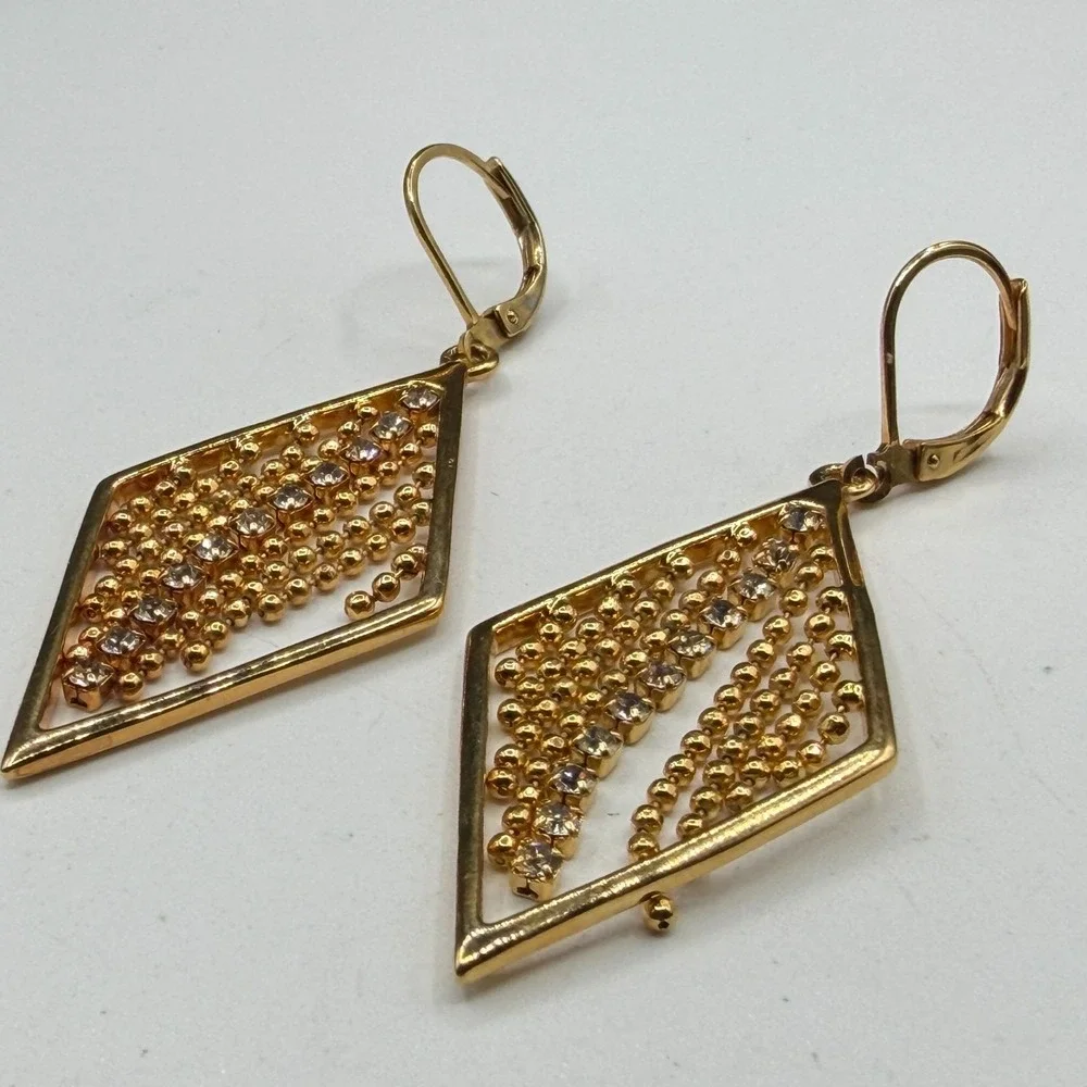 Gold Tone Rhinestone Diamond Shape Dangle Earrings Beaded Fringe Statement Party